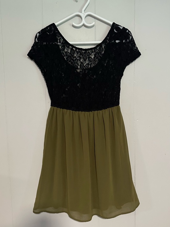 Dresses & Skirts - Black Lace Top Olive Chiffon Skirt Dress
